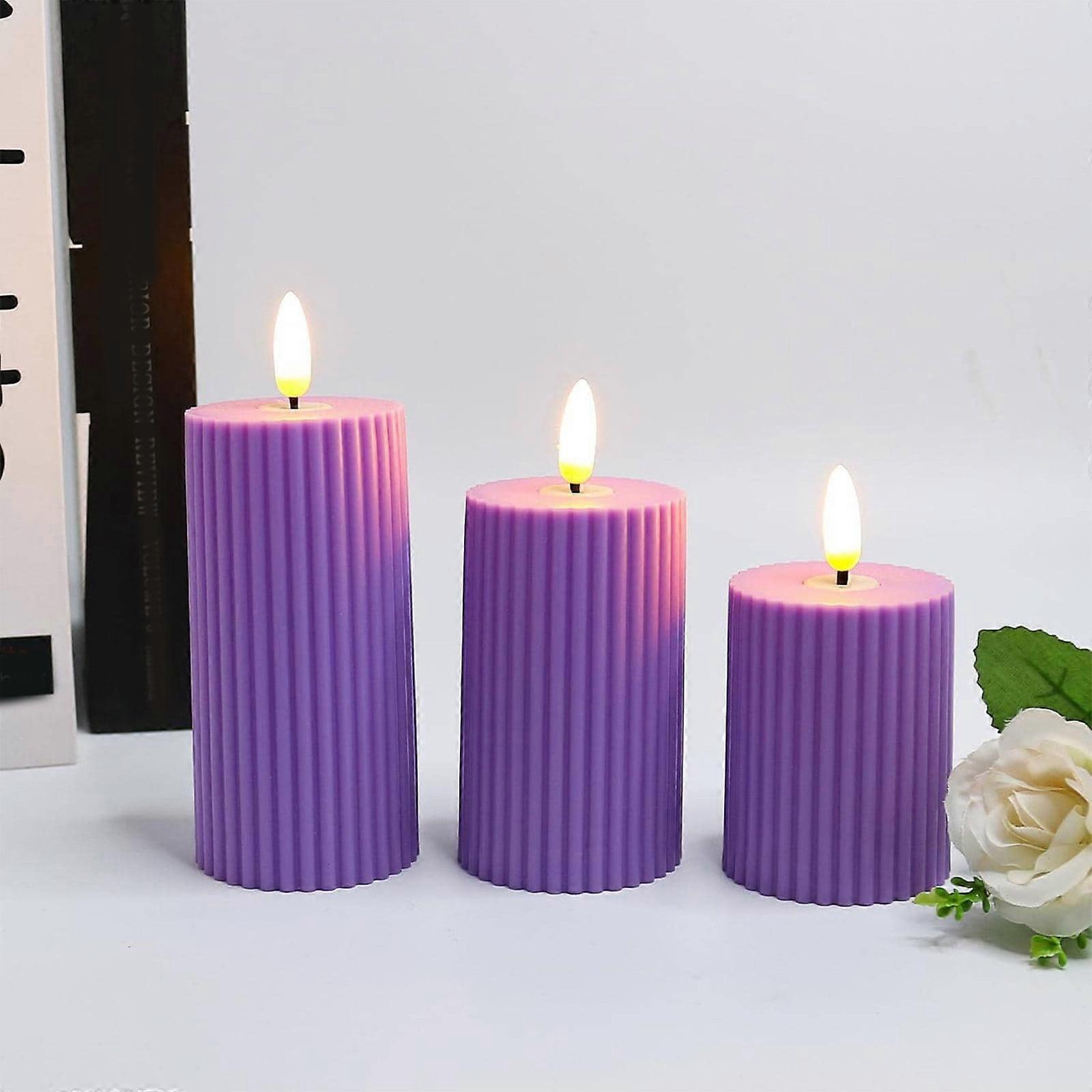 Flameless LED Candle Set with Embossed Furrow, Moving Flame LED Pillar, Artificial Wax Candle with Recessed Edge, Battery Operated,3 Sizes 3 pcs