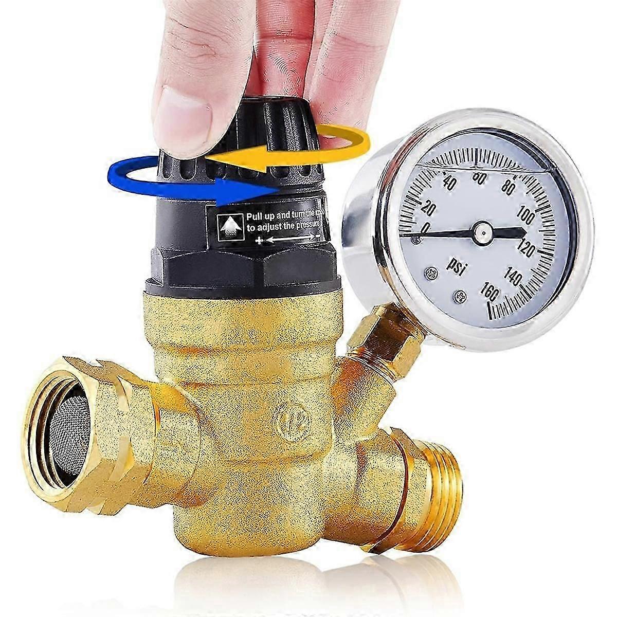 RV Water Pressure Regulator Valve, Adjustable Water Pressure Reducer with Gauge and Inlet Screen Fi Edition 1128