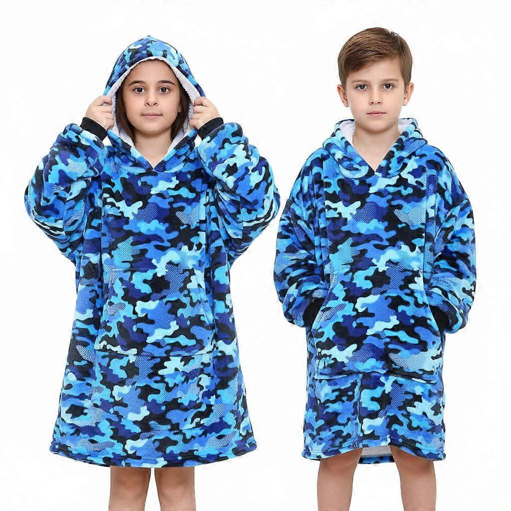 儿童男女通用超大连帽衫迷彩蓝色印花抓绒依偎