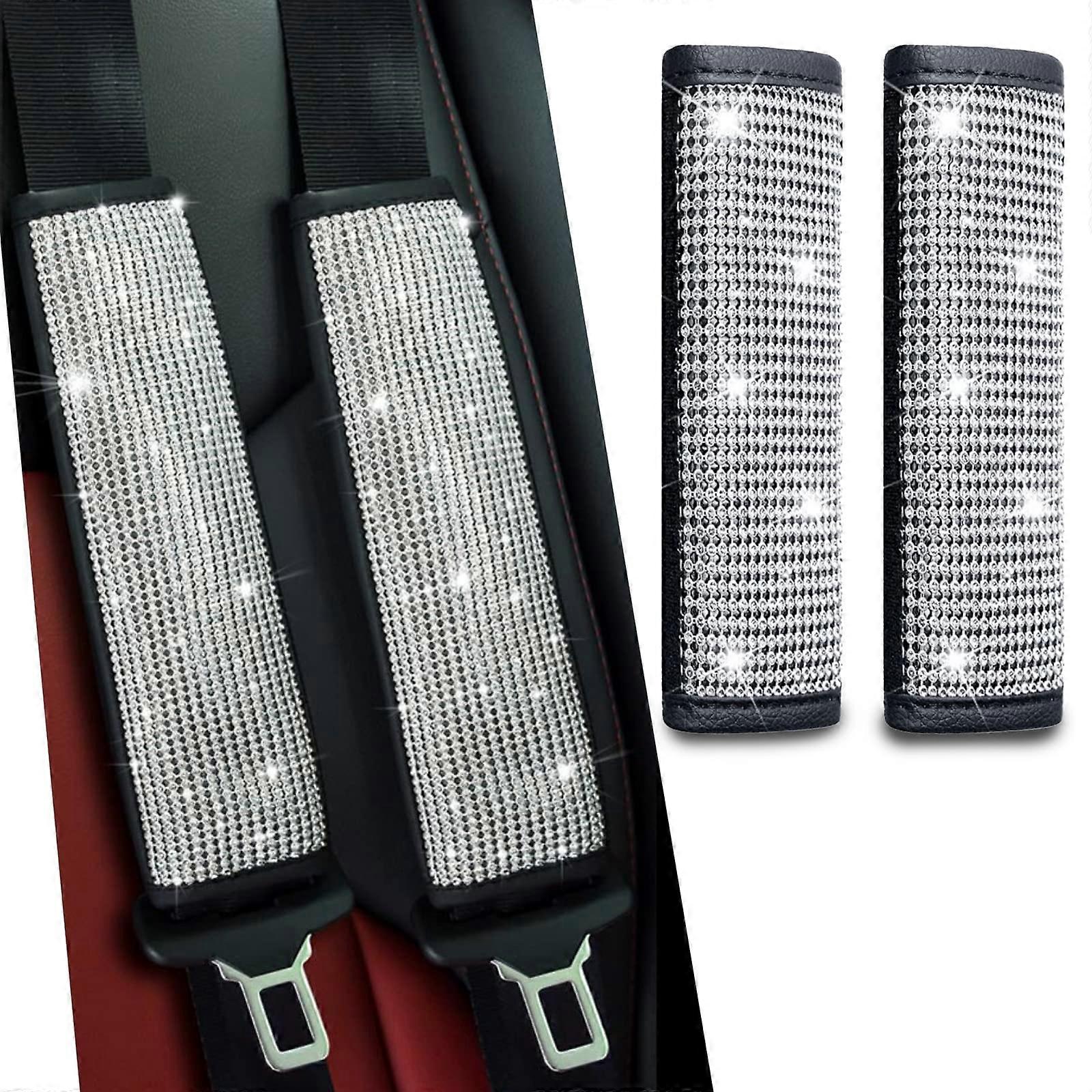 2Pack Bling Seat Belt Covers with Sparkling Rhinestones, Soft PU Leather Pads for Universal Fit