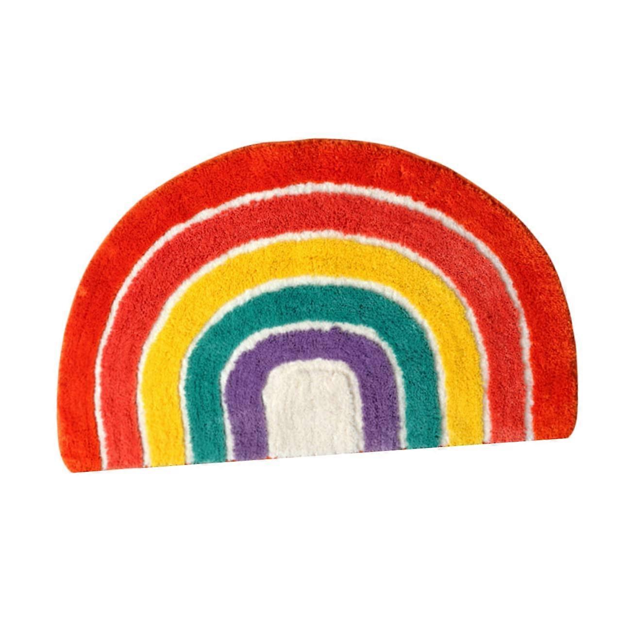 Bath Mat Non Slip Rug Semi Circular Absorbent with Rainbow Pattern for Bathroom