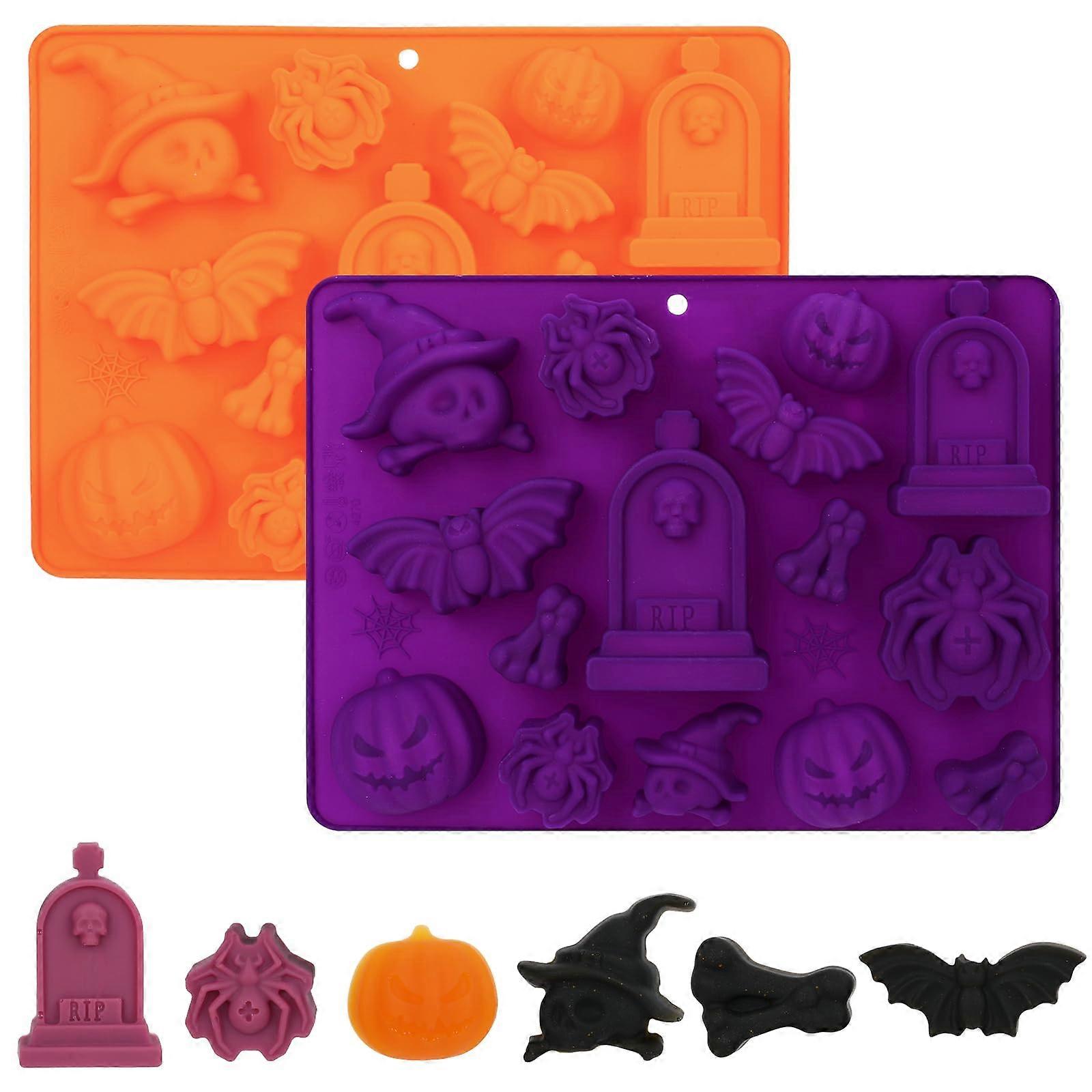 2Pcs Halloween Silicone Chocolate Molds with Skull Pumpkin Bat Shapes, 3D Baking Candy Ice Tray