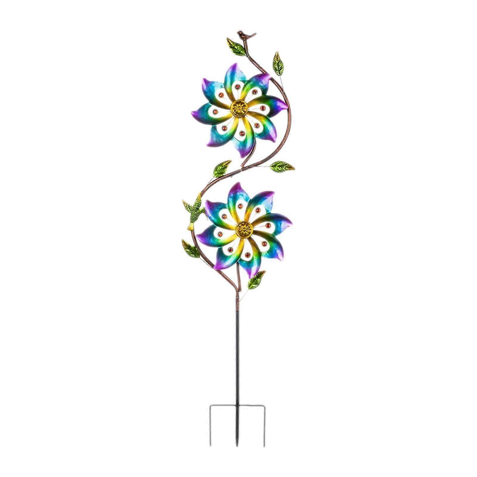 Double Layer Garden Wind Spinner with Multi Colored Flower, Rust Resistant Outdoor Metal Windmill