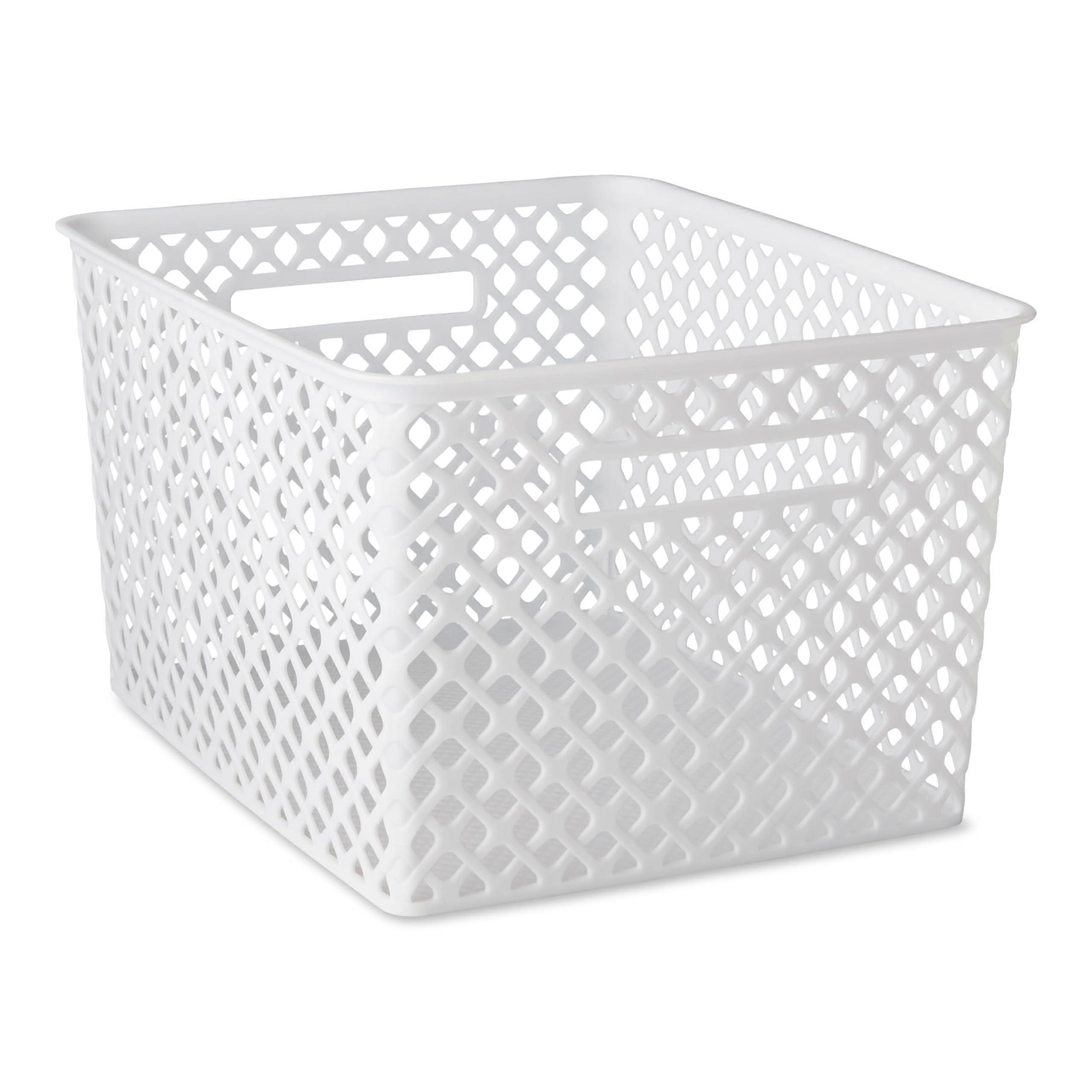 Large White Plastic Storage Basket with Cutout Handles, Stackable Dustproof Bin for Home Organization