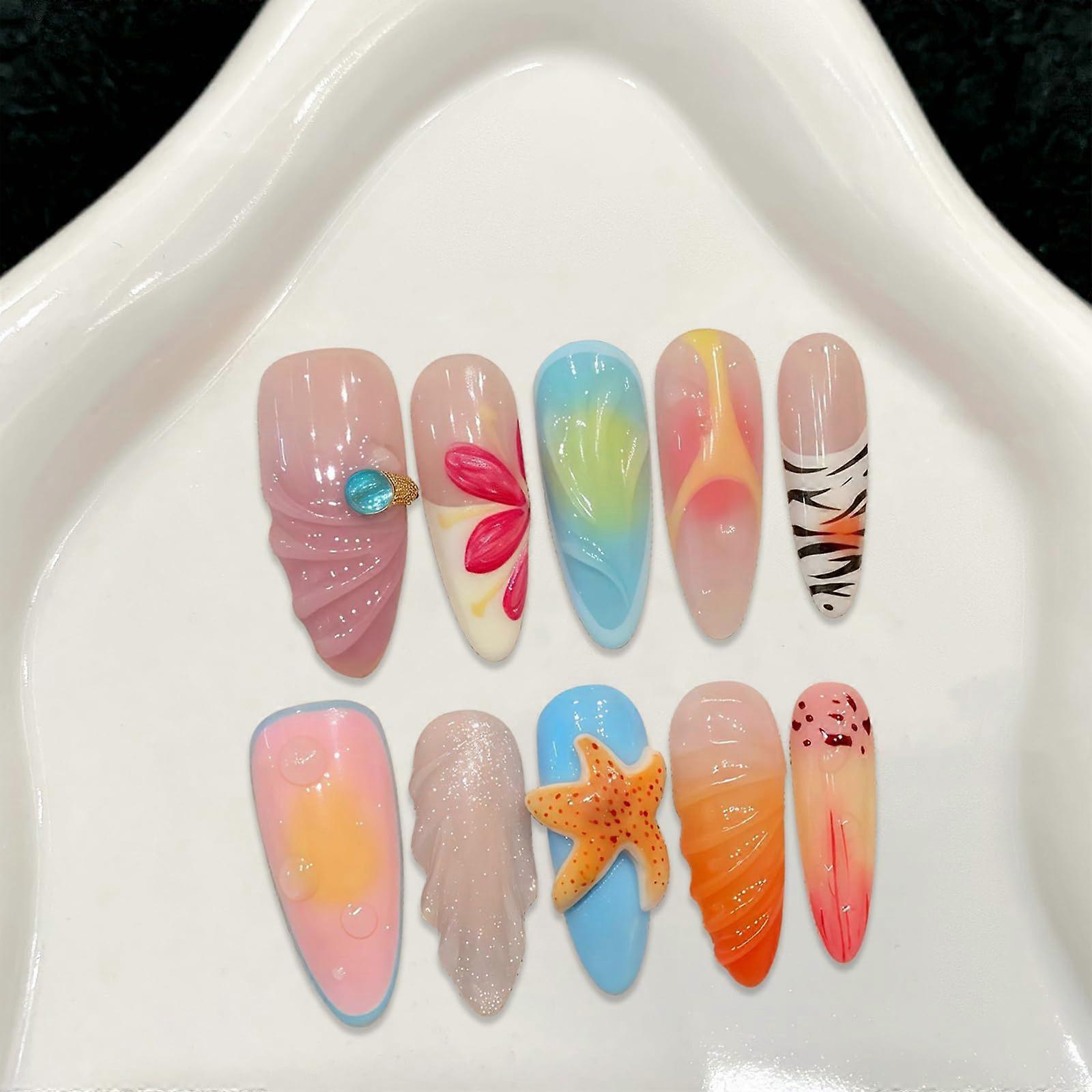 Medium Long Almond Press on Nails 3D Starfish Shell Design Reusable False Nails with Glue