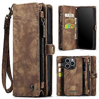 Case For Iphone 13 Pro Brown Multifunctional Two-in-one Split Leather Zipper Wallet No11566