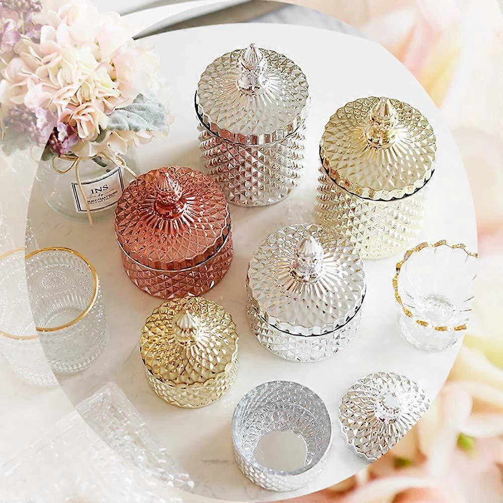 Crystal Glass Candy Jar with Metallic Plated Lid, Diamond Pattern Decorative Storage Container 10.5x17cm