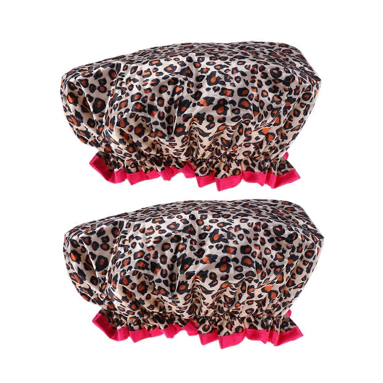 Waterproof Shower Cap for Women Leopard Print Double Layer Reusable Bath Cap with Elastic Fit