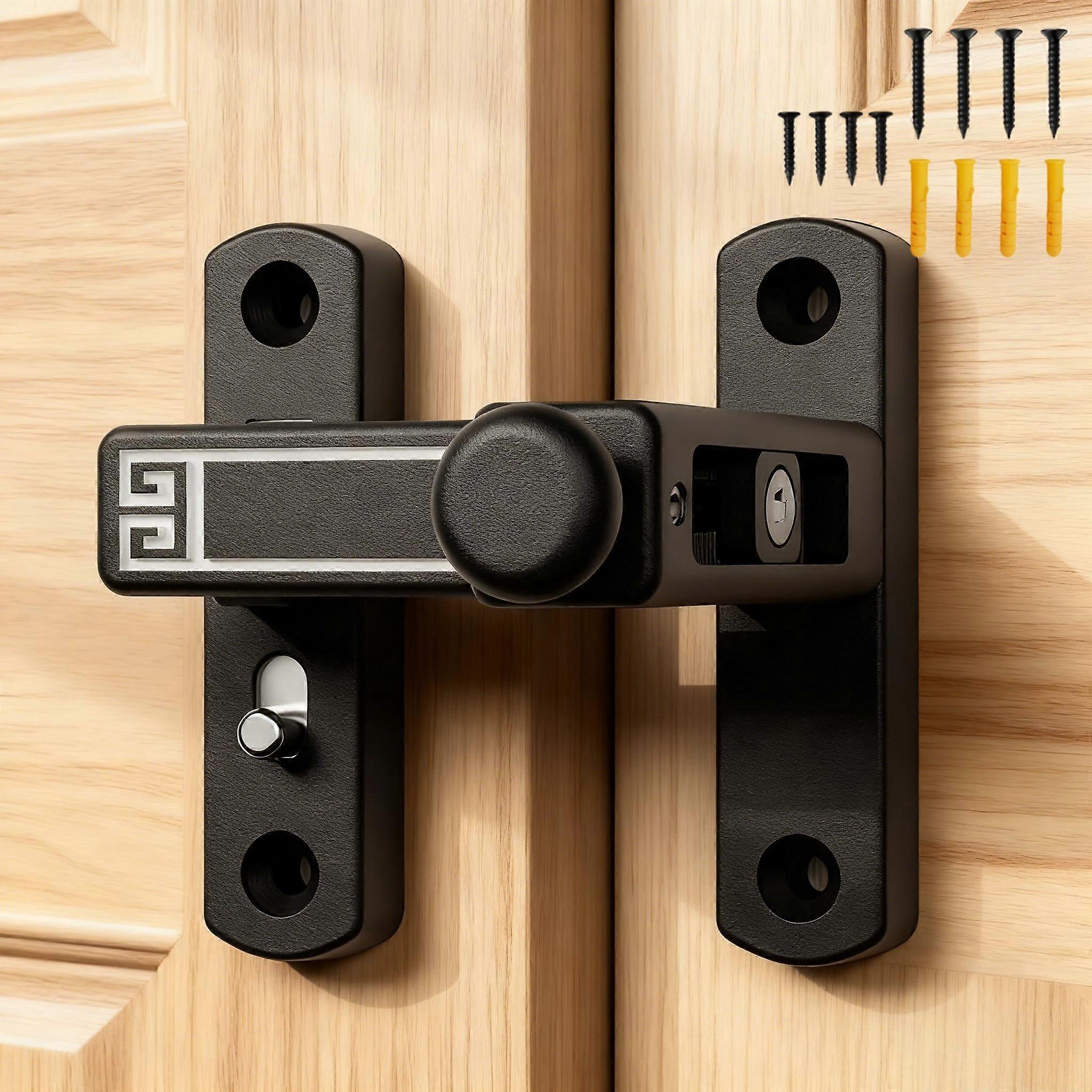 Adjustable Sliding Barn Door Lock with 90 and 180 Degree Latch, Rust Resistant, Black Luminous