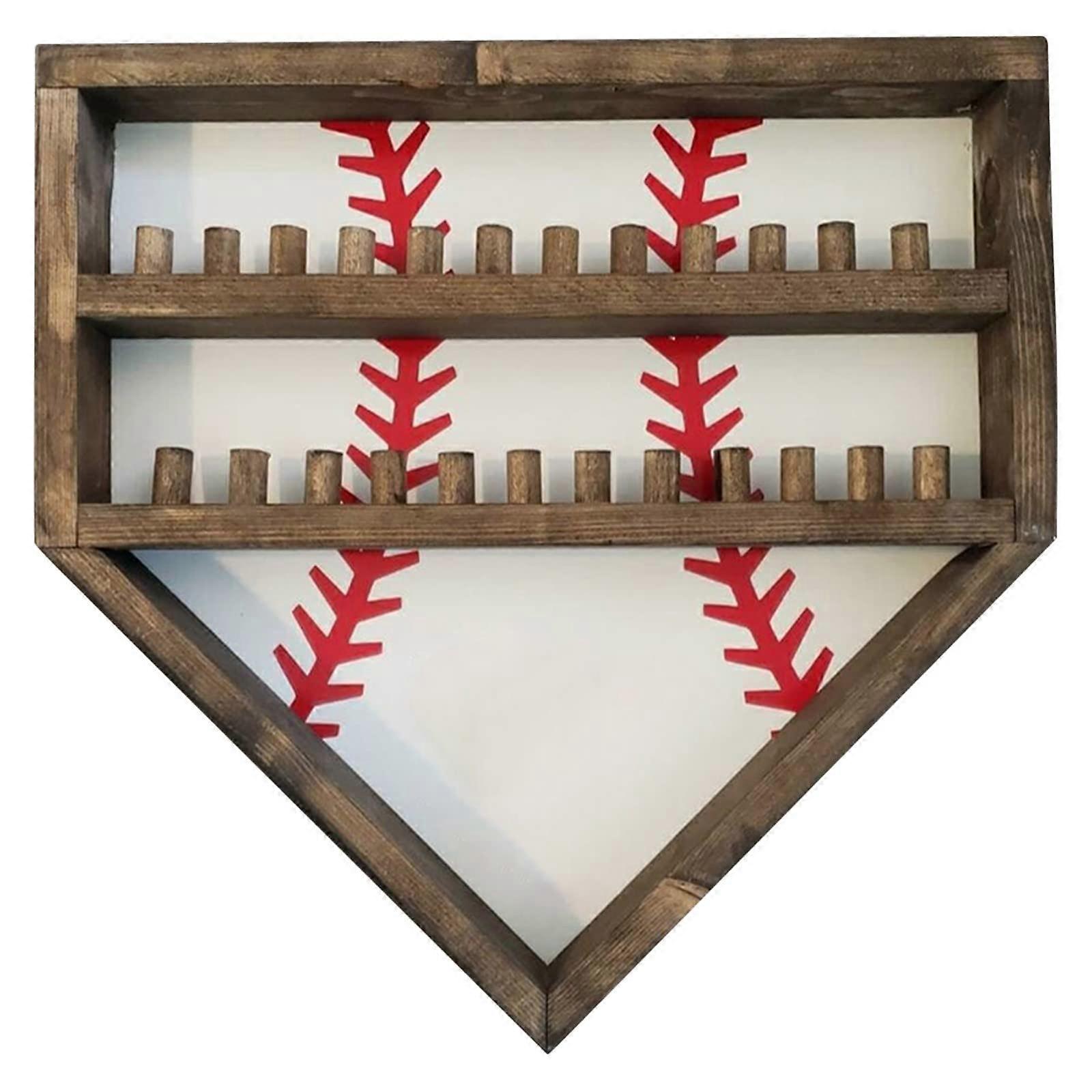 Baseball Display Case Wall Mounted Home PlateShaped Wooden Frame with 24 Ring Holder Brackets