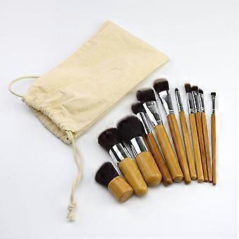 Professional 11PCS Bamboo Handle Vegan Makeup Brush Set with Linen Bag Beauty Tool
