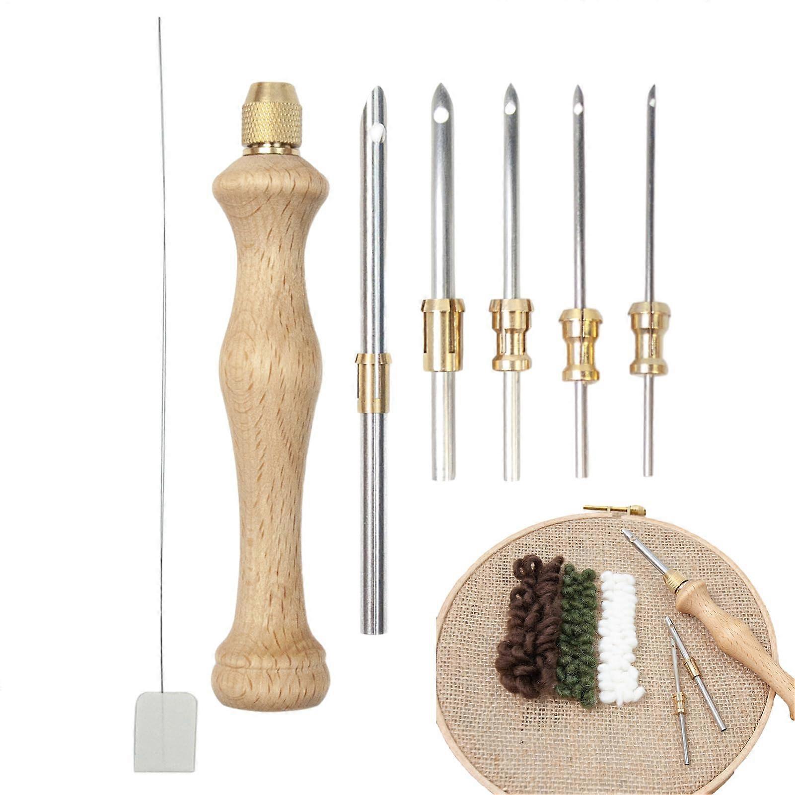 Punch Needle Tool with Adjustable Wooden Handle for Rug Making and Embroidery, Includes Threader