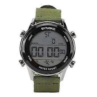 Men Digital Sports Watch Waterproof Alarm Countdown Dual Time Zone Nylon Strap Digital Watch with Stopwatch for Outdoor OD Green