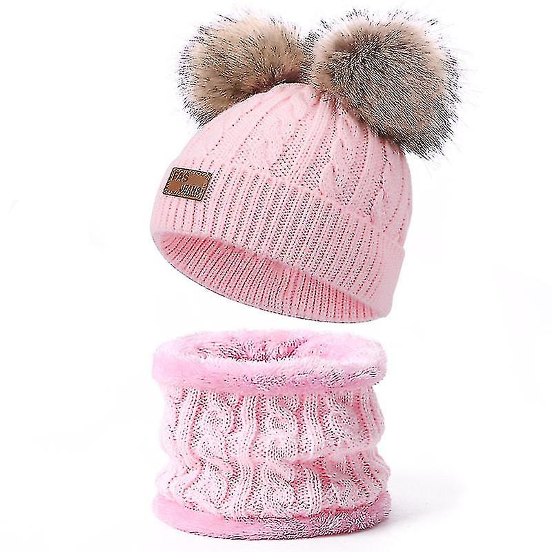 Toddler Wool Scarf And Hat Set Winter Twisted Double Pompom Knitted Hat Pink