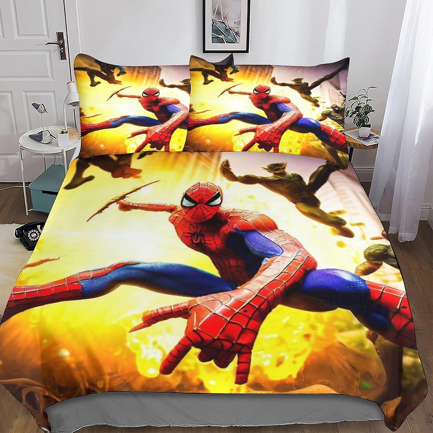 Spiderman Chic Quilt Cover Set with Hidden Zipper Closure - 3 Pieces Movie Bedding Set in Microfiber with 3D Print And Pillowcases - Ideal for Boys An