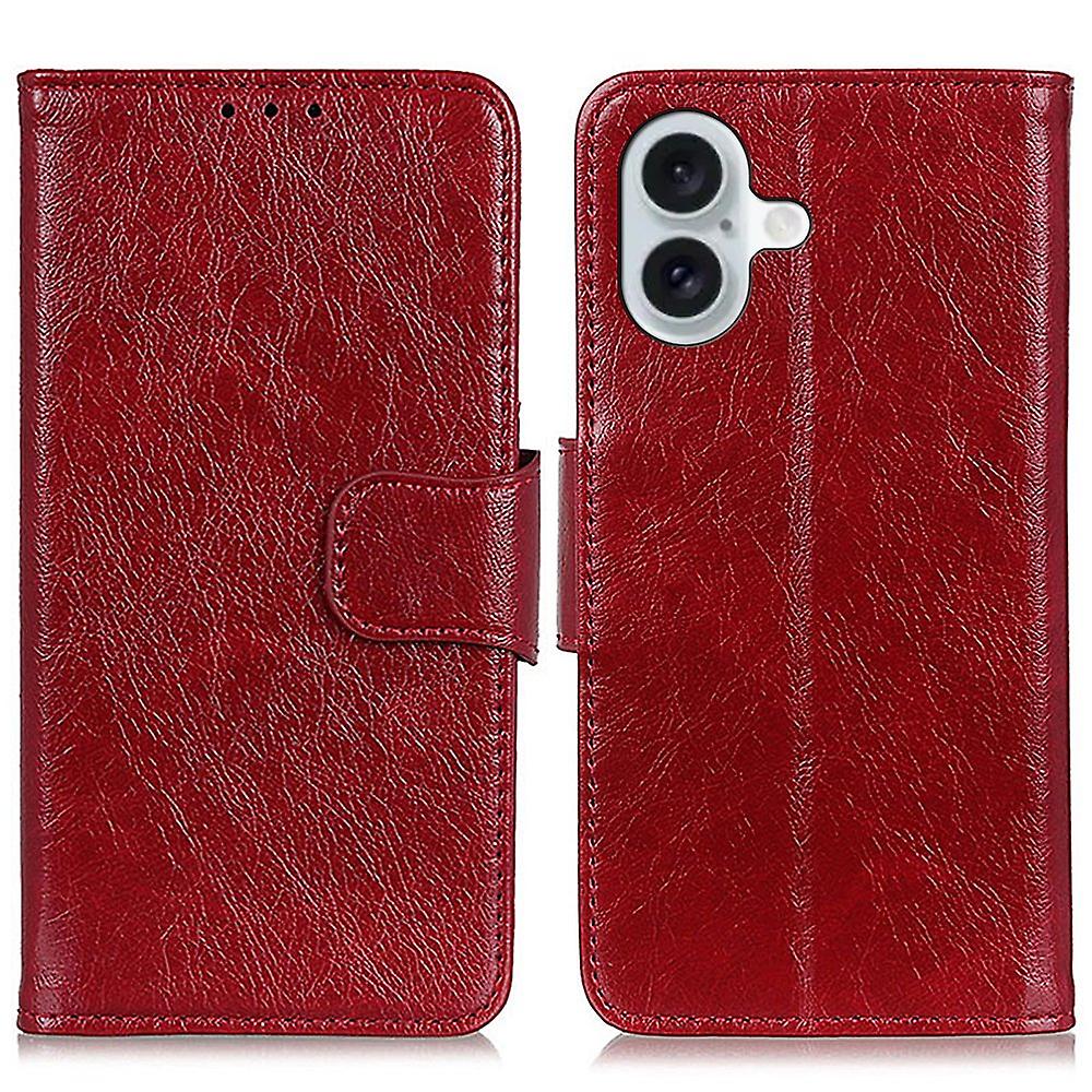 For iPhone 16 Plus Case Nappa Texture Split Leather Wallet Folio Flip Phone Cover - Red