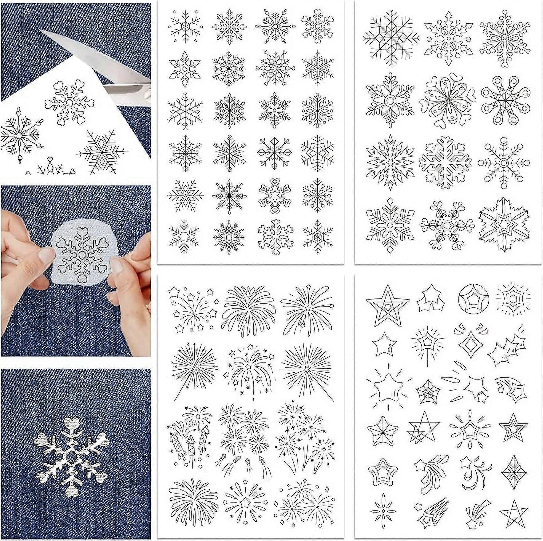 4 Sheets Snowflakes and Fireworks Water Soluble Stabilizer Hand Sewing Stabilizers with Pre Printed Stick and Stitch Self Adhesive Wash Away Stabilize