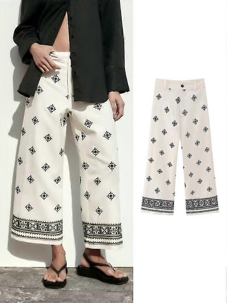 Tryck linnebyxor för kvinnor byxor kvinna streetwear casual hög midja kvinnor byxor sommar vida ben byxor kvinna
