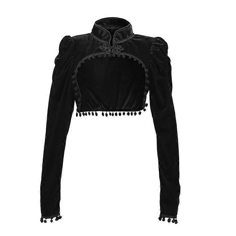 Black fringed stand-collar top is thin, cropped long-sleeved slim short jacket women