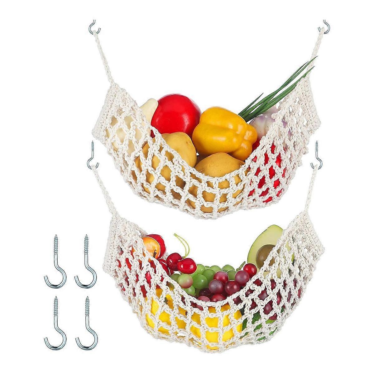 2 Pcs Macrame Fruit Hammock for Kitchen Under Cabinet Hanging Fruit Baskets Handwoven Decorative Fr