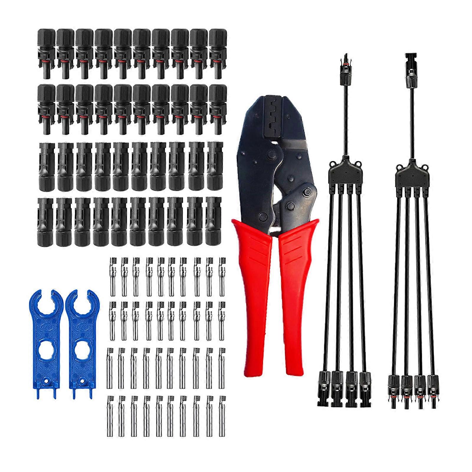 20 Pairs Male/Female Solar Panel Cable Connectors with Crimping Pliers 1 to 4 Branch Y Type Branch Connector Spanner Assembly Tool for PV System IP67
