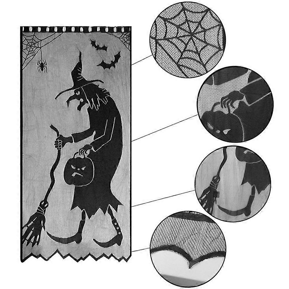 Halloween Curtains Skeleton Bats Spider Web Curtain Door Cover Halloween Black Lace Window Curtain Spooky Party Home Decoration