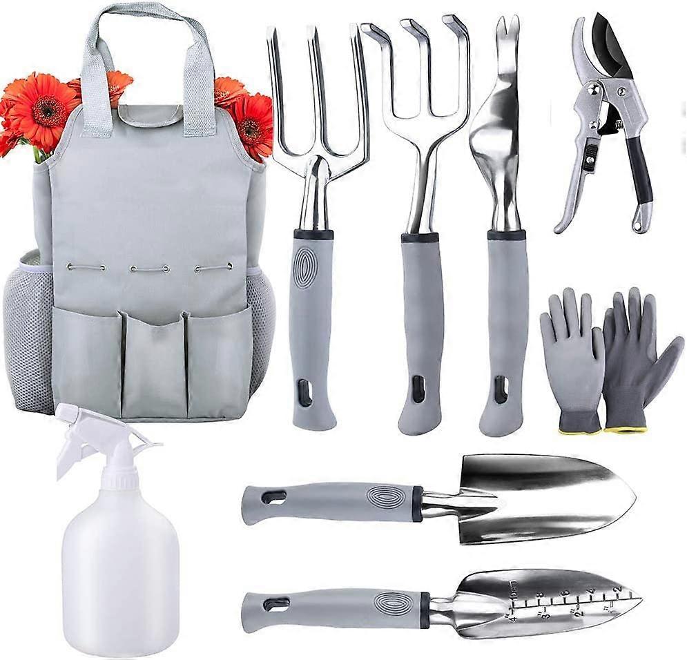 9-Piece Garden Tool Kit with Storage Bag, Secateurs, Gloves, Weeder, Claw, Pitchfork, Soil Shovel, Transplanter for Gardener etc