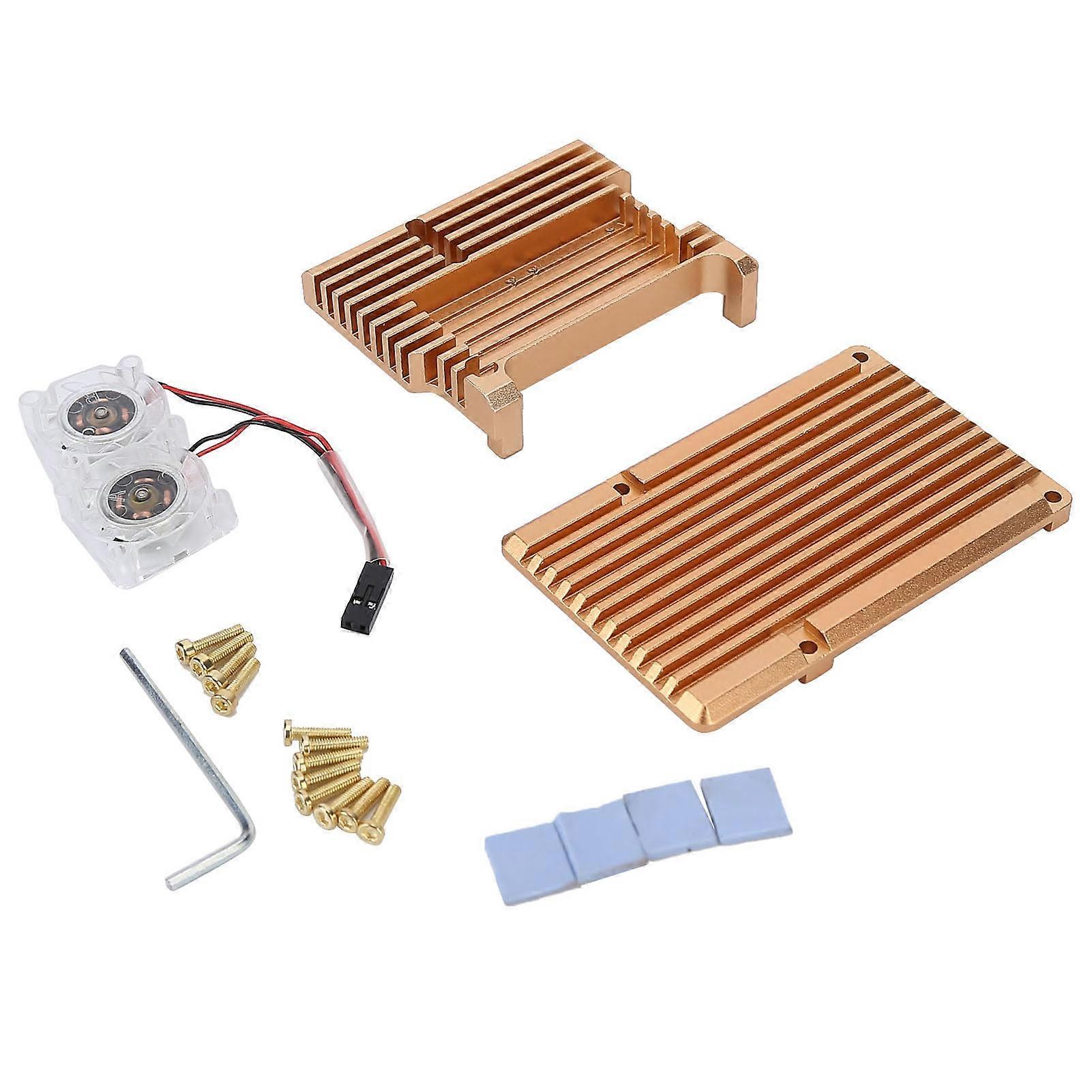 Aluminum Alloy Cooling Case Heat Dissipation Enclosure with Fan for Raspberry Pi 4 B ModelGold