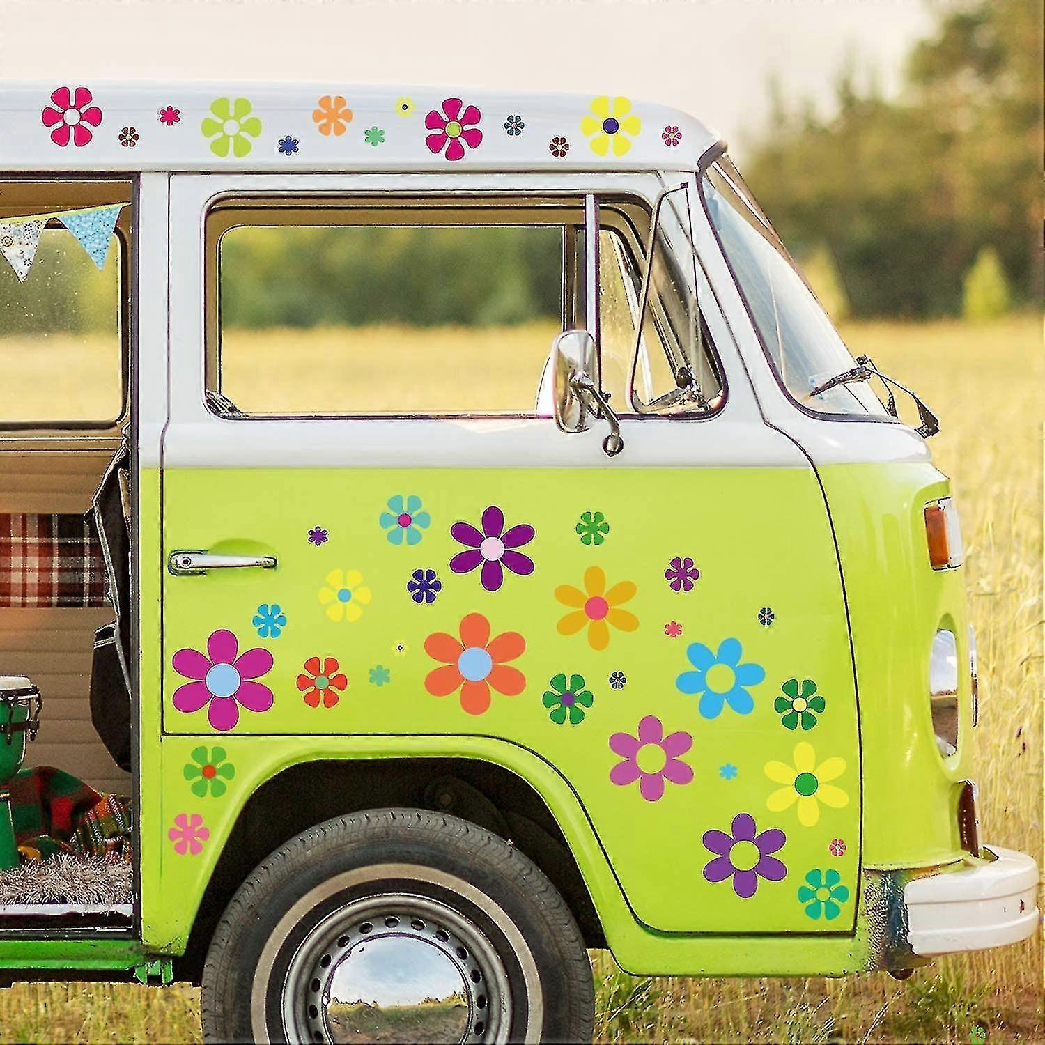 96 Pieces Car Flowers Stickers 60's Hippie Theme Party Stickers Multicolored Daisy Stickers Vinyl Retro Flowers Decals Colorful Hippie Decals Flower W