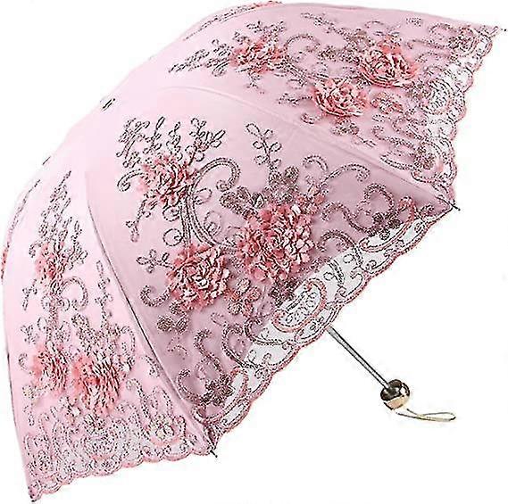 Umbrella Retro Lace Sunscreen Folding 3d Pattern Embroidery Umbrella Pink