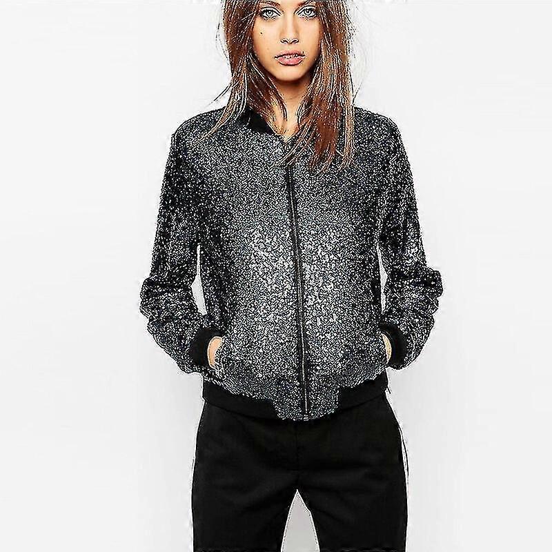 Women's Sequins Casual Jacket Party Bomber Zipper Coat
