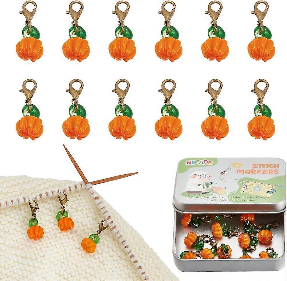 12Pcs Autumn Theme Pumpkin Handmade Lampwork Pendant Locking Stitch Marker Alloy Lobster Claw Clasps Locking Stitch Marker Dark Orange 2.8cm
