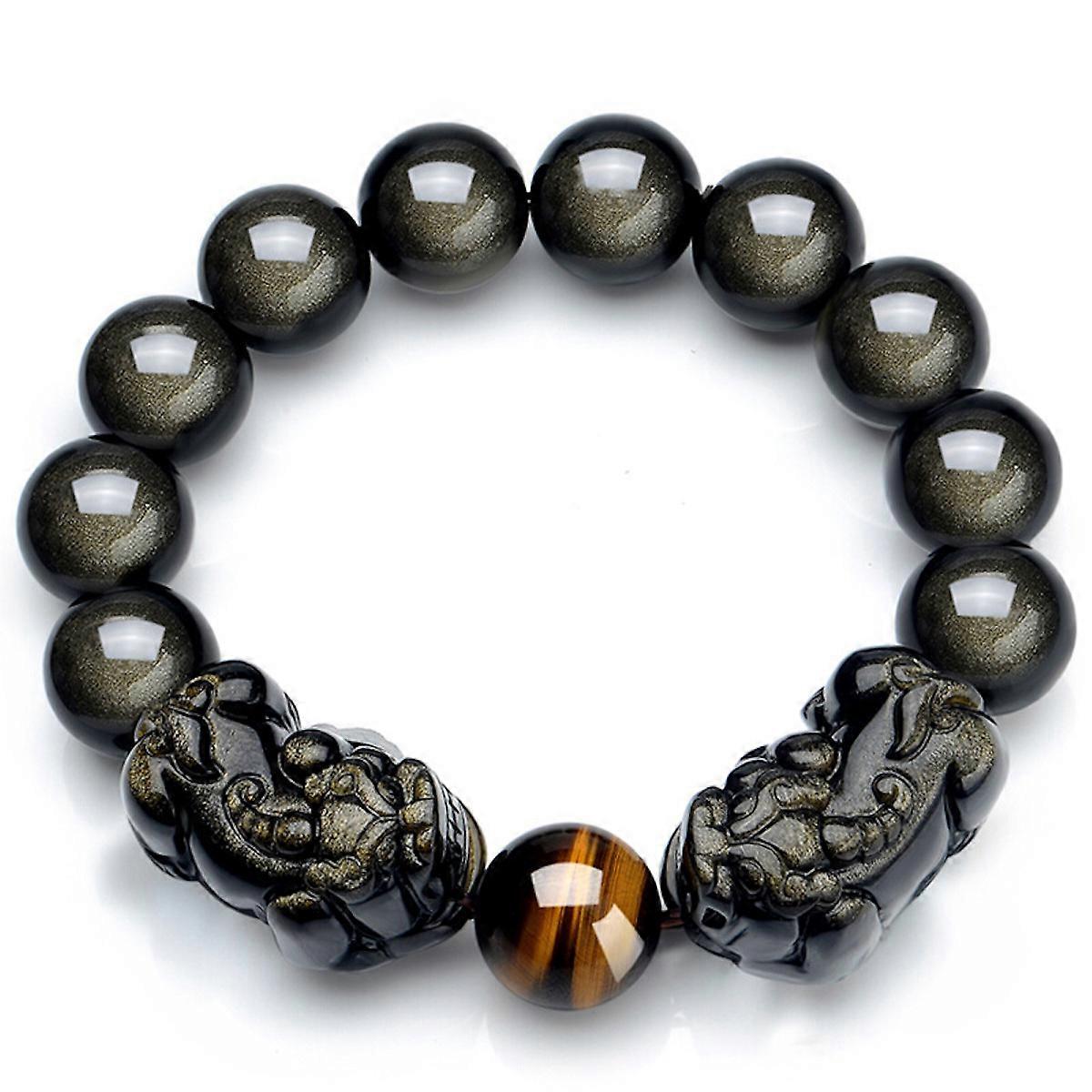 Natural Black Obsidian Bracelet Gemstone Crystal Pi Xiu Beads Stretch Bracelet 10mm