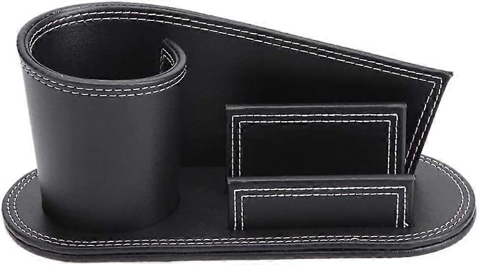 Multifunctional Desktop Pencil Holder,PU Leather Box,Round,Black