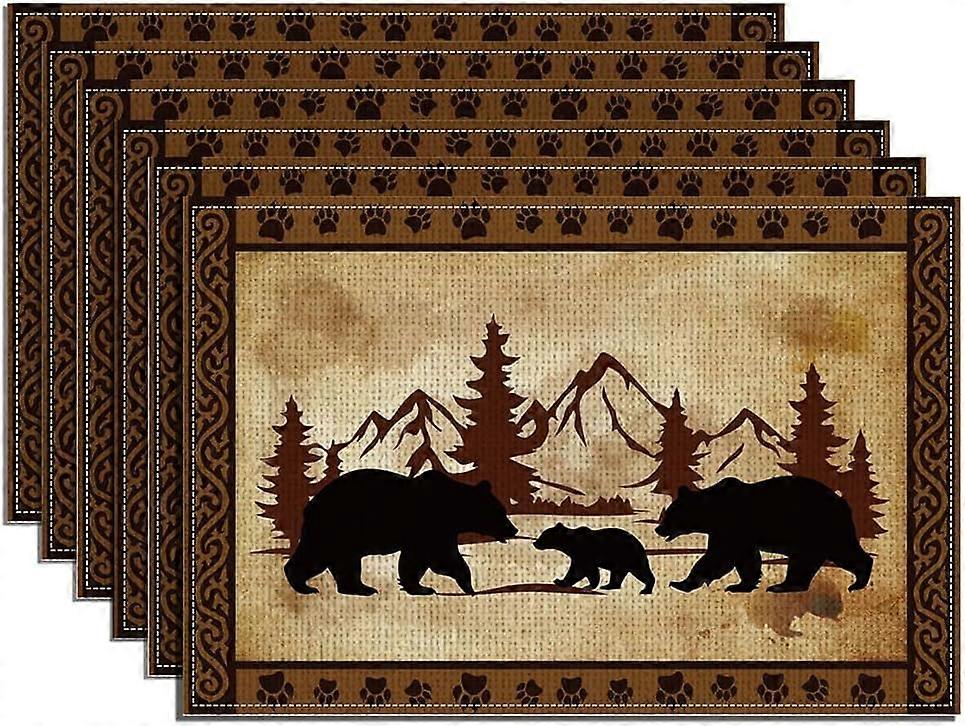 6Pcs Animal Bear Table Placemats 17.7x11.8 Inch Wildlife Rectangle Table Placemats Polyester Canyon Mountain Forest Watercolor Table Mats for Party Pi