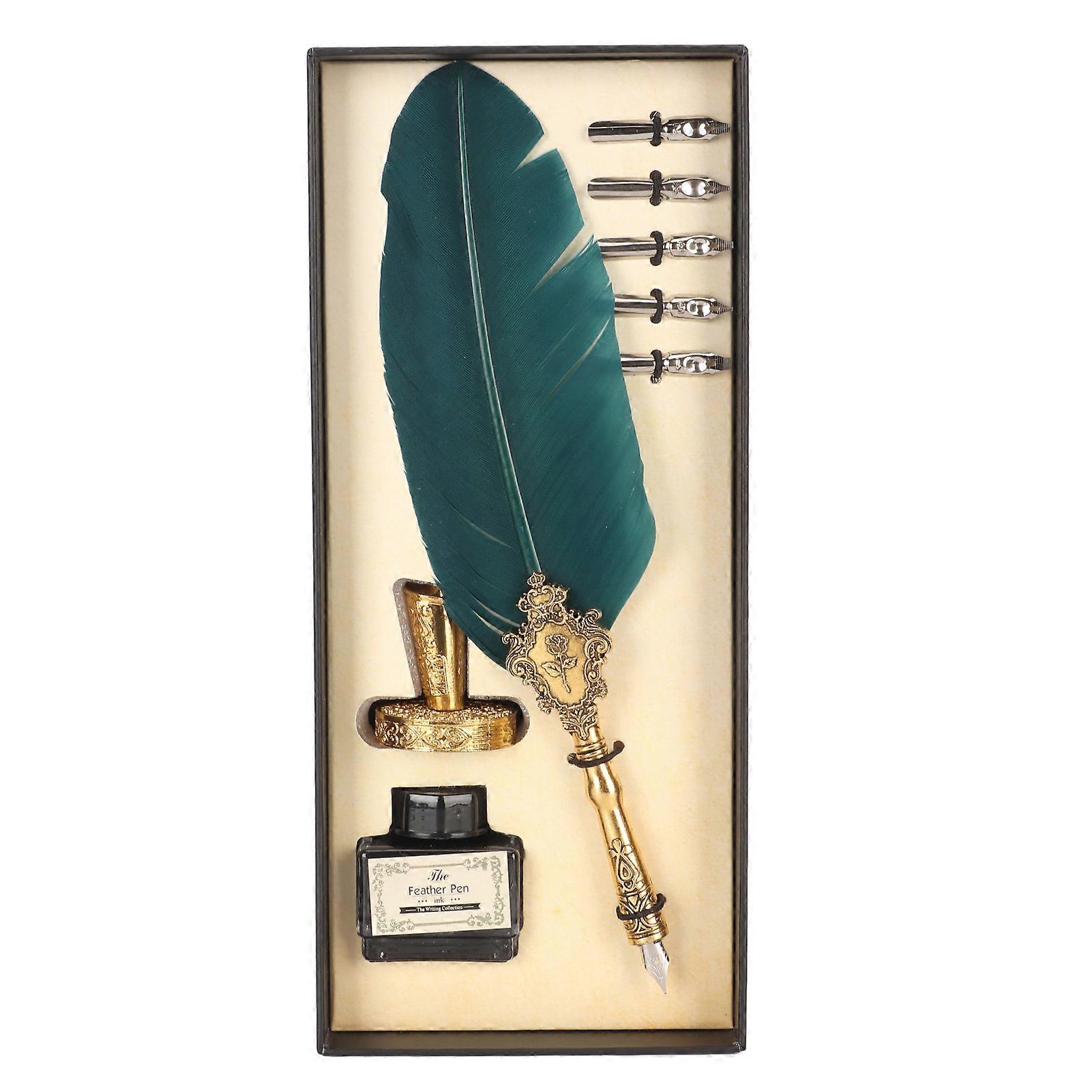 Feather Pen and Ink Set with 5 Interchangeable Nibs for Student Retro Style Writing Smoothly Feather Quill Pen for School