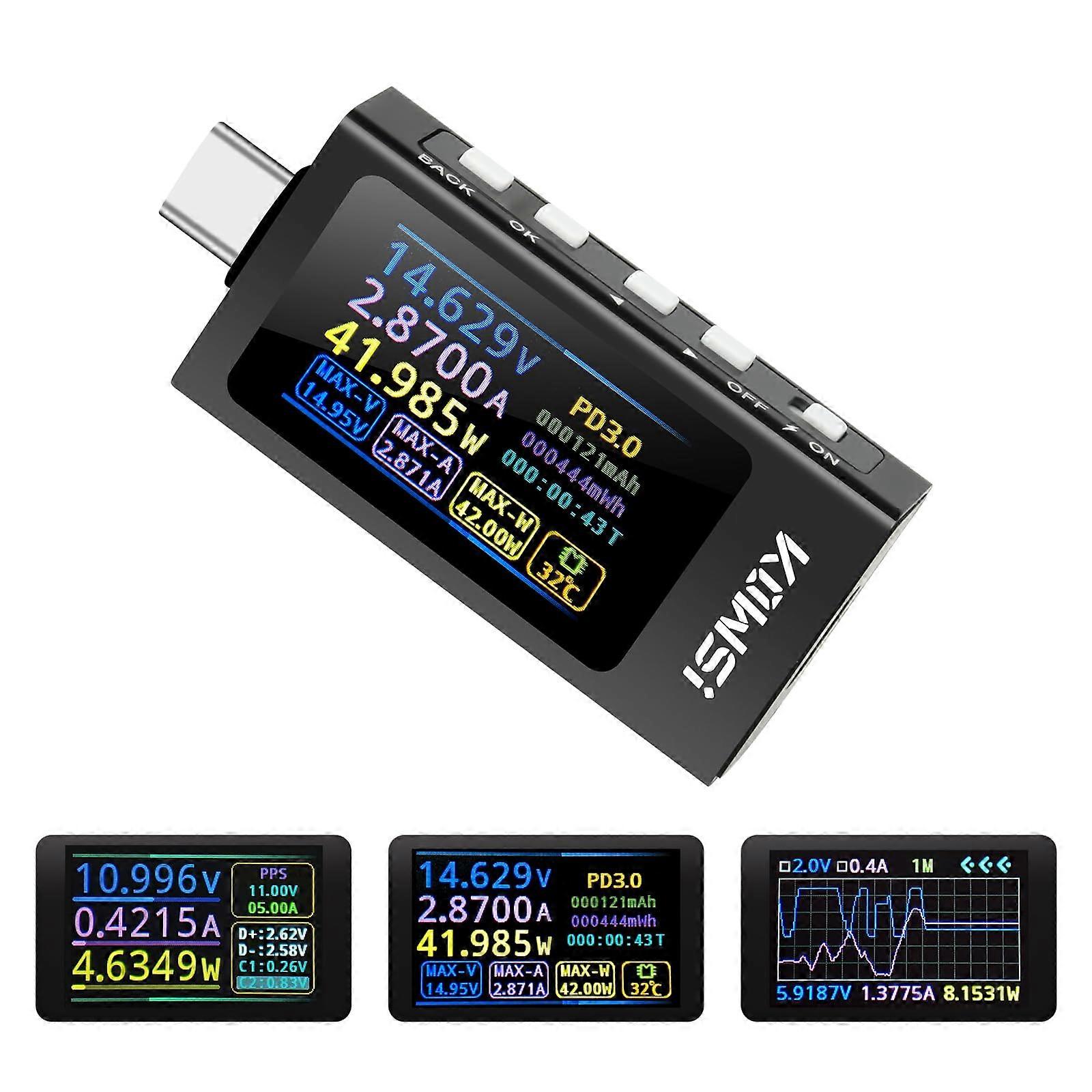 Type-C Tester DC4-30V 0-12A Multifunctional Power Meter with 1.14 Inch IPS Display for Fast Charging and Data Transfer