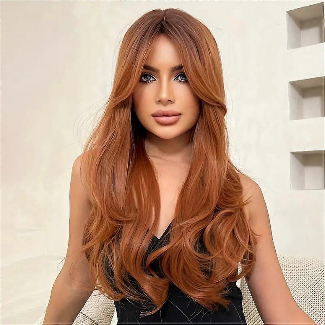 Middle-parted bangs long wavy orange gradient women's wig, suitable for Halloween party costume