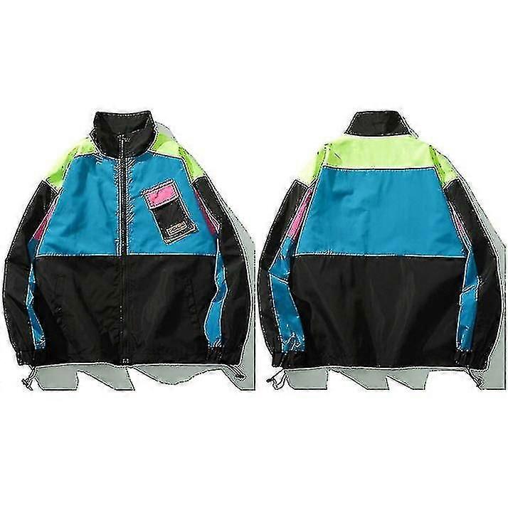 メンズヒップホップストリートウェアジャケットコートレトロカラーブロックパッチワーク原宿ジャケットウインドブレーカー特大トラックジャケットポケット秋高品質