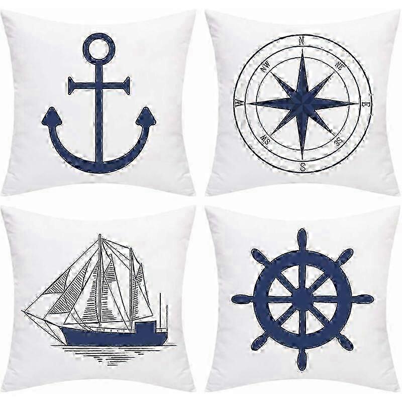 Set Of 4 Nautical Cushion Covers Navy Anchor Navigation Compass Cushion Cover 45x45cm Nautical Style White And Blue