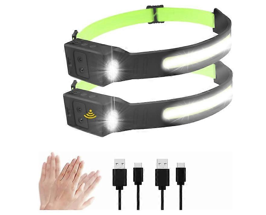 LED Rechargeable Headlamp,2 Pcs Head Torch Lightweight Head Lights with Motion Sensor, 5 Modes Illumination&Spotlight,Bright Headlight(Black)