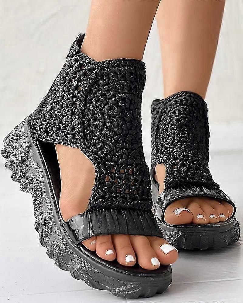 Knitted Woolen Sandals for Women 2024 New Braided Elastic Summer Shoes Mesh Flat Bottom Hollow Out Female Sandals Mujer