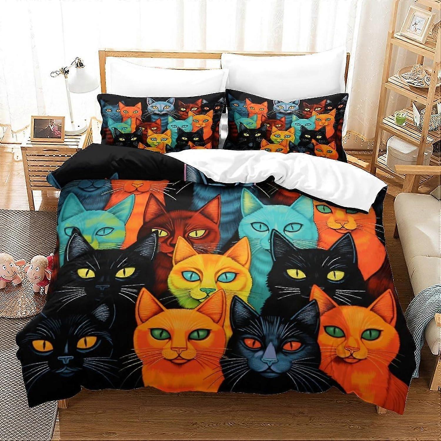 3 Pieces Colorful Cat Bedding Set with Pillowcases Luminescent Cat Duvet Cover with Zipper Closure Soft Microfiber Quilt Cover Double Size
