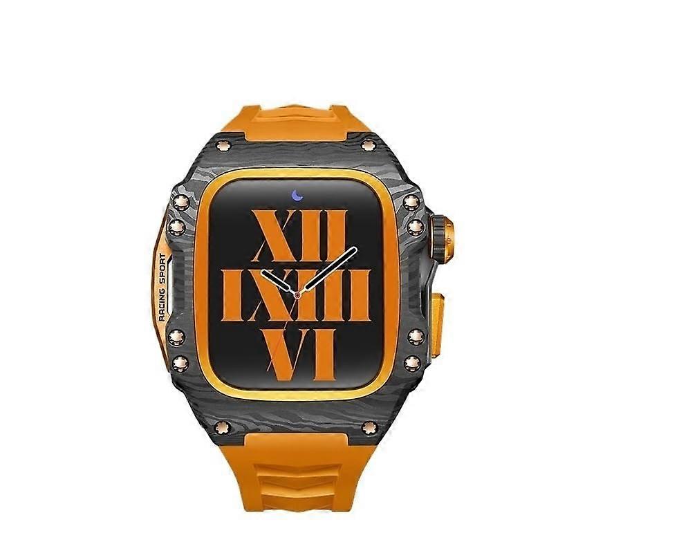 Protective case for Apple Watch 9, 8, 7, 6, 5, 4, SE, 44 mm, 45 mm, with modified carbon fiber pattern, made of titanium alloy, orange, 44mm