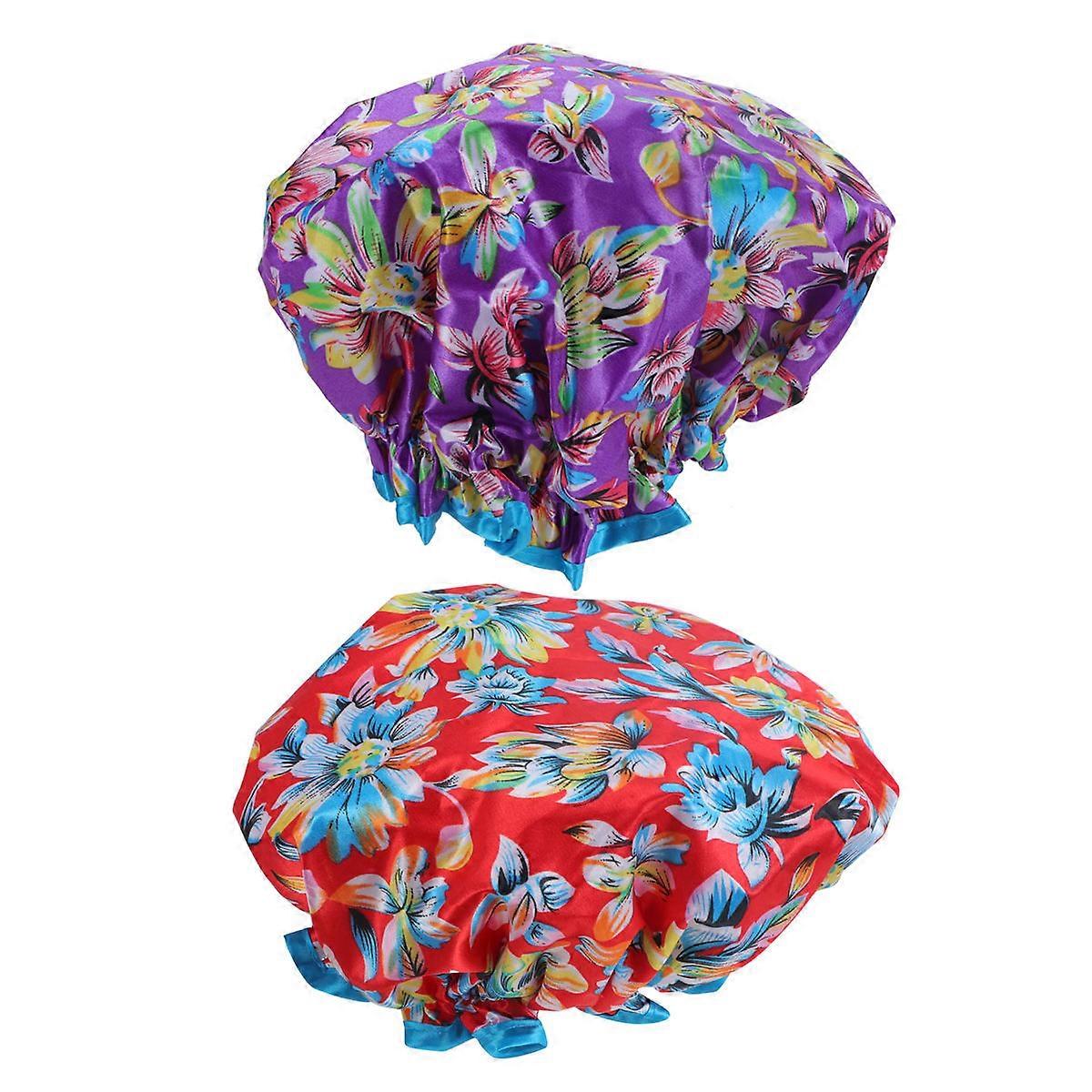 Bathing Cap Waterproof Shower Caps Red Flower Double Layer For Spa Use 28*28cm Elastic One Size 2Pcs