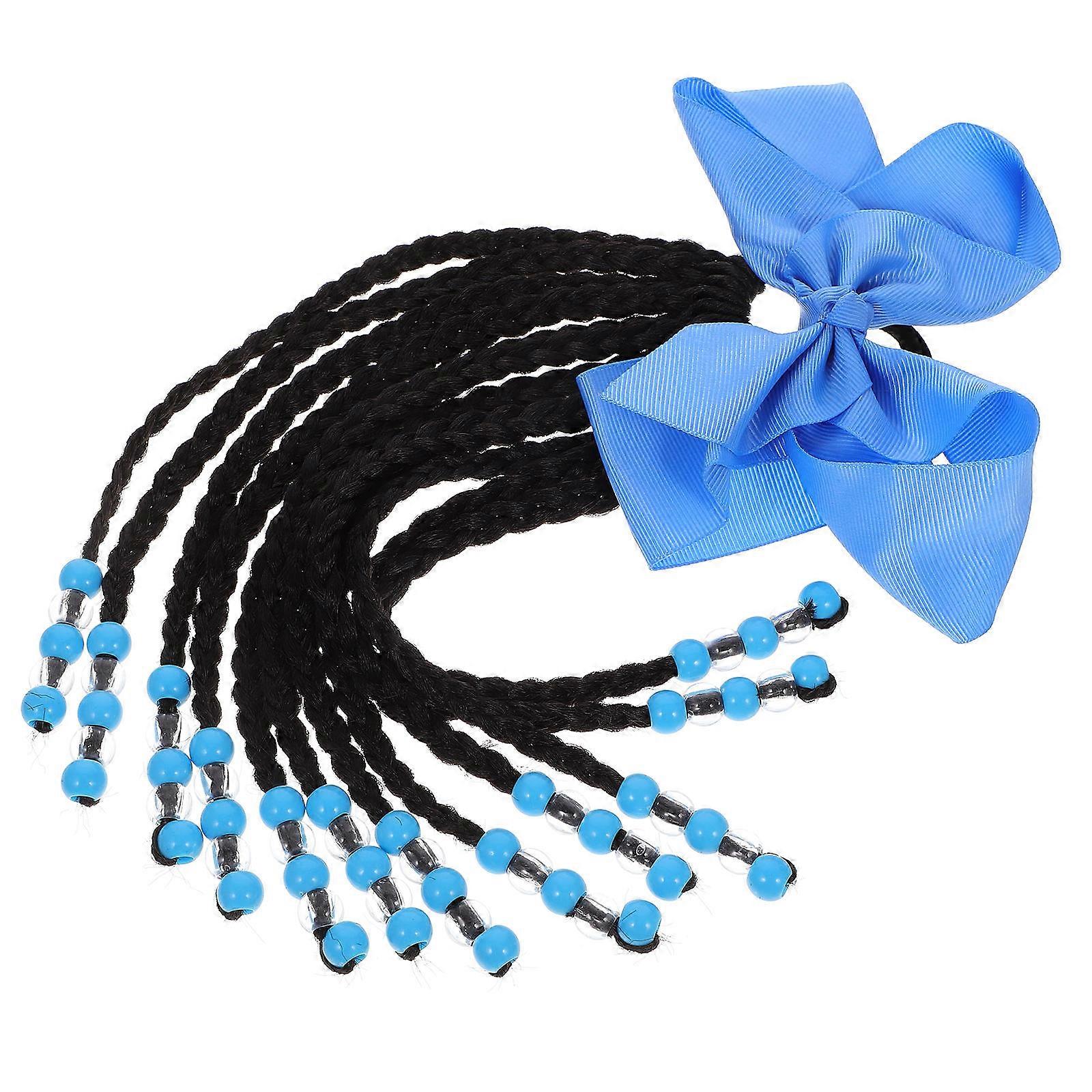 Ponytail Hair Piece with Braid Extension, Beads and Bow Decoration, Versatile Hair Accessory for Parties, School, Everyday Use, Light Blue Transparent