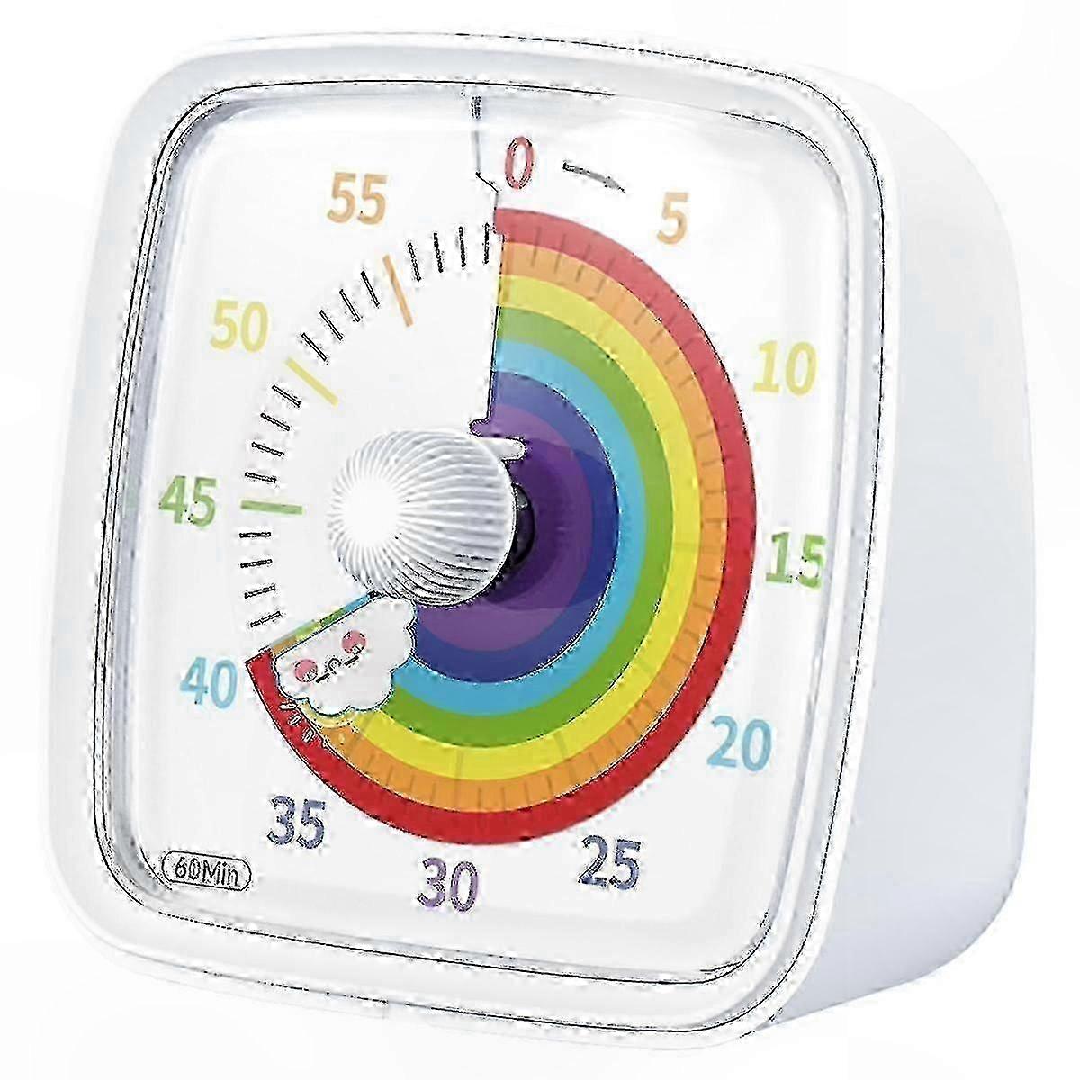 White 60-Minute Visual Timer with Rainbow Design, Countdown and Pomodoro Features, Night Light Function for All Ages