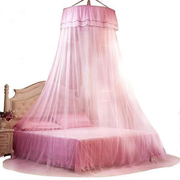 (Pink) Dome Mosquito Net, Elegant Lace Princess Canopy Net with 2 Butterfly Decorations
