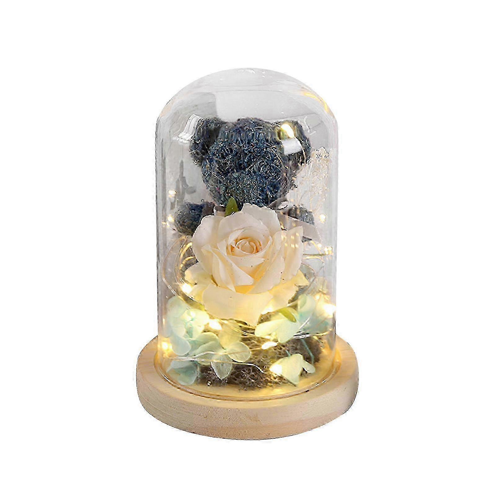 Preserved Flower Moss Bear with Rose Dried Bouquet in Purple & Blue - Glass Cover Gift Box for Home Decor