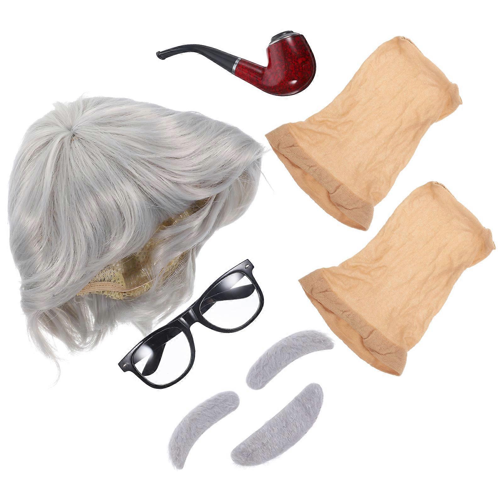Old Man Costume Wig Set for Role Play with Pipe Eyeglasses and Beard 1Set